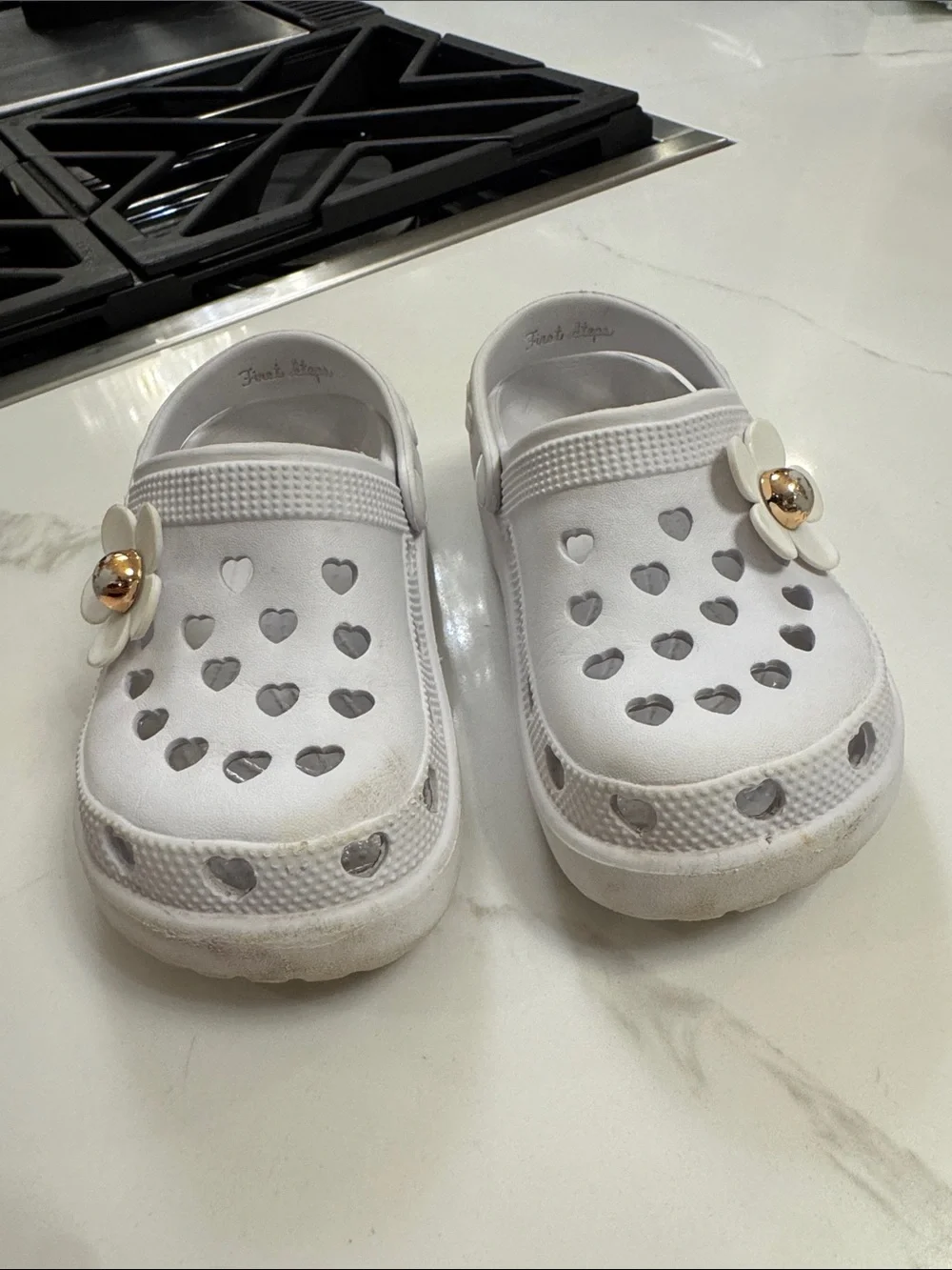 Toddler Girl White Heart Croc style shoe with Flower Charm